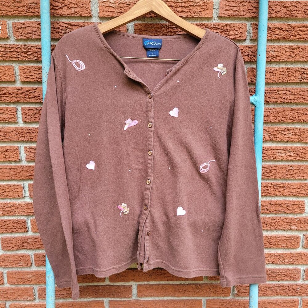 Vintage Western Cowgirl Embroidered Cardigan Chocolate Brown with Pink Accents S